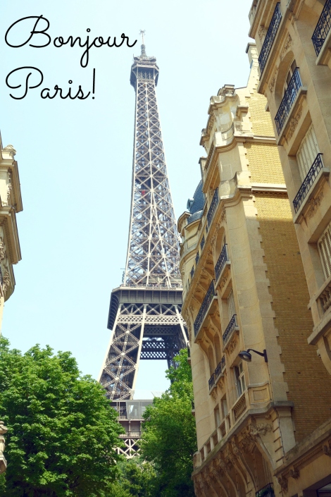A picture of the Eiffel Tower with the caption Bonjour Paris